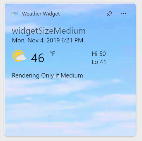 Captura de pantalla de un widget meteorológico sencillo. El widget muestra algunos gráficos y datos relacionados con el tiempo, así como texto de diagnóstico que ilustra que se muestra la plantilla para el widget de tamaño medio.