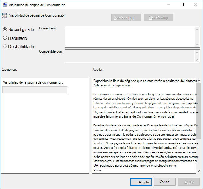 Directiva de visibilidad de página de configuración.