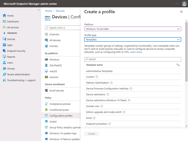 En Perfiles de configuración, se muestra la página Crear un perfil, con la plataforma establecida en Windows 10 y versiones posteriores y un tipo de perfil de plantillas.