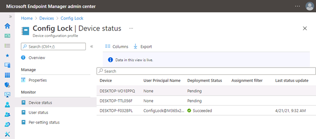 El estado del dispositivo para el perfil de configuración del dispositivo de bloqueo de configuración, que muestra un dispositivo con un estado de implementación como correcto y dos con pendiente.