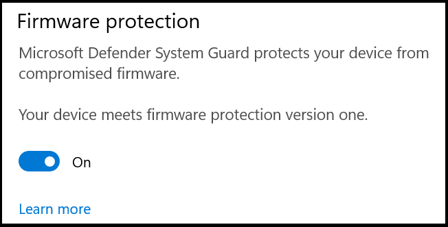 La configuración de protección de firmware de Defender, con una descripción de System Guard, protege el dispositivo frente a firmwares en peligro. La configuración se establece en Desactivado.