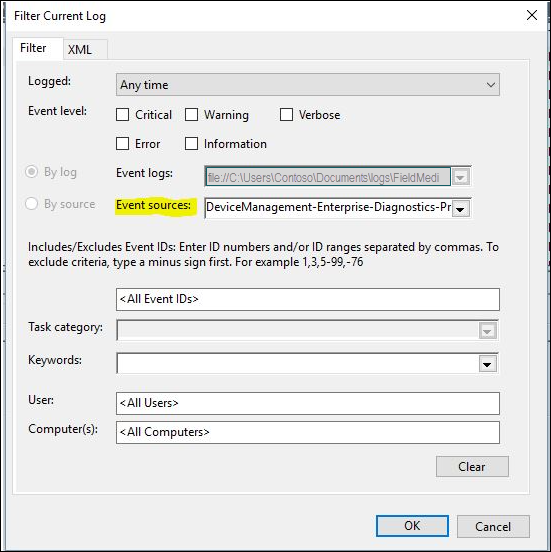 filtro de eventos para Administración de dispositivos.