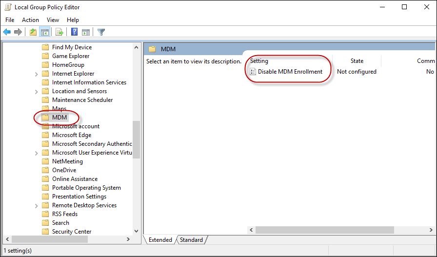 Deshabilite la directiva de inscripción de MDM en el Editor de GP.