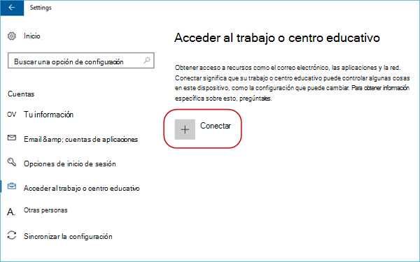 botón connect para acceder a la opción de trabajo o escuela.