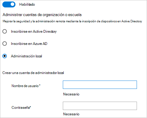 En Windows Configuration Designer, únase a Active Directory, Microsoft Entra ID o cree una cuenta de administrador local.