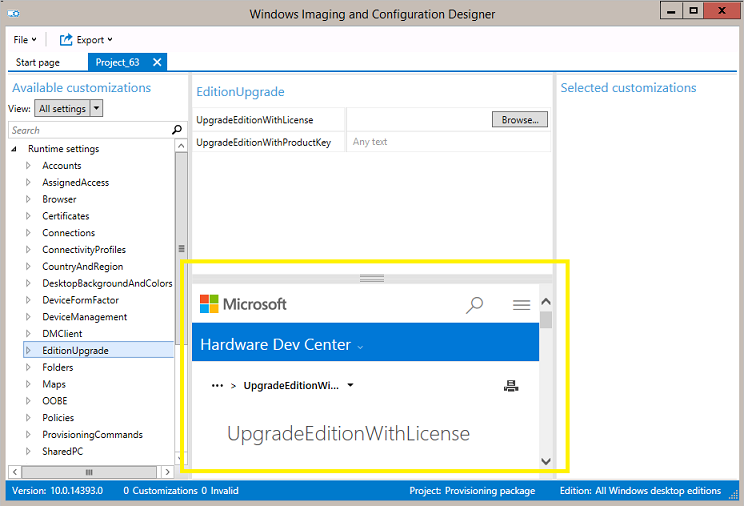 El Diseñador de configuración de Windows abre el tema de referencia al seleccionar una configuración.