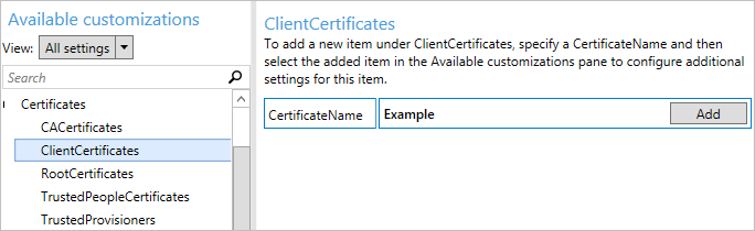 En el Diseñador de configuraciones de Windows, escriba un nombre para el certificado.