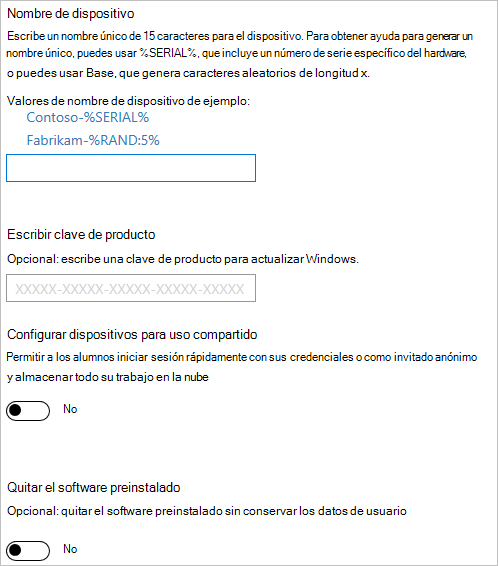 En el Windows Configuration Designer, habilite la configuración del dispositivo, introduzca el nombre del dispositivo, la clave de producto para actualizar, desactive el uso compartido y elimine el software preinstalado.