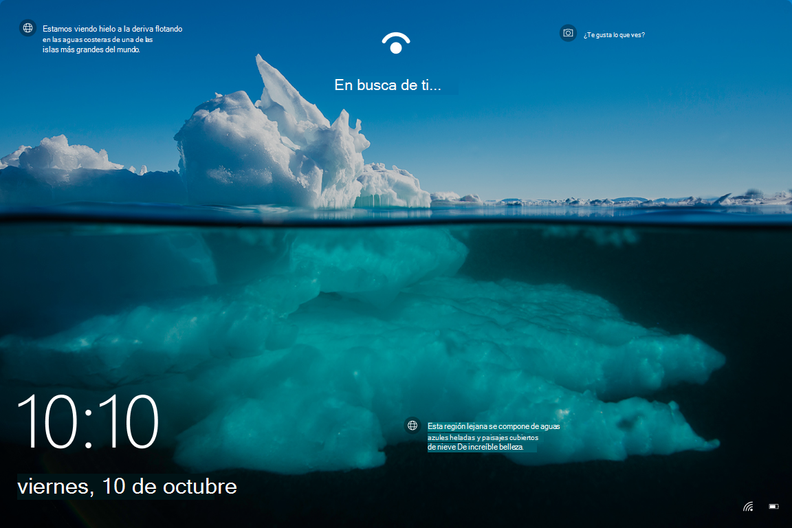 Captura de pantalla de la pantalla de bloqueo de Windows 10 con Contenido destacado de Windows habilitado.