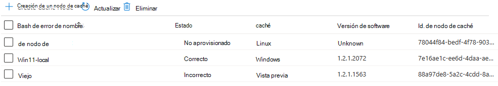 Captura de pantalla de los detalles del nodo de caché en la interfaz de Azure Portal.