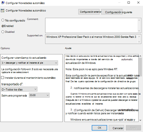 Seleccione Descargar automáticamente y notificar la instalación en la interfaz de usuario.