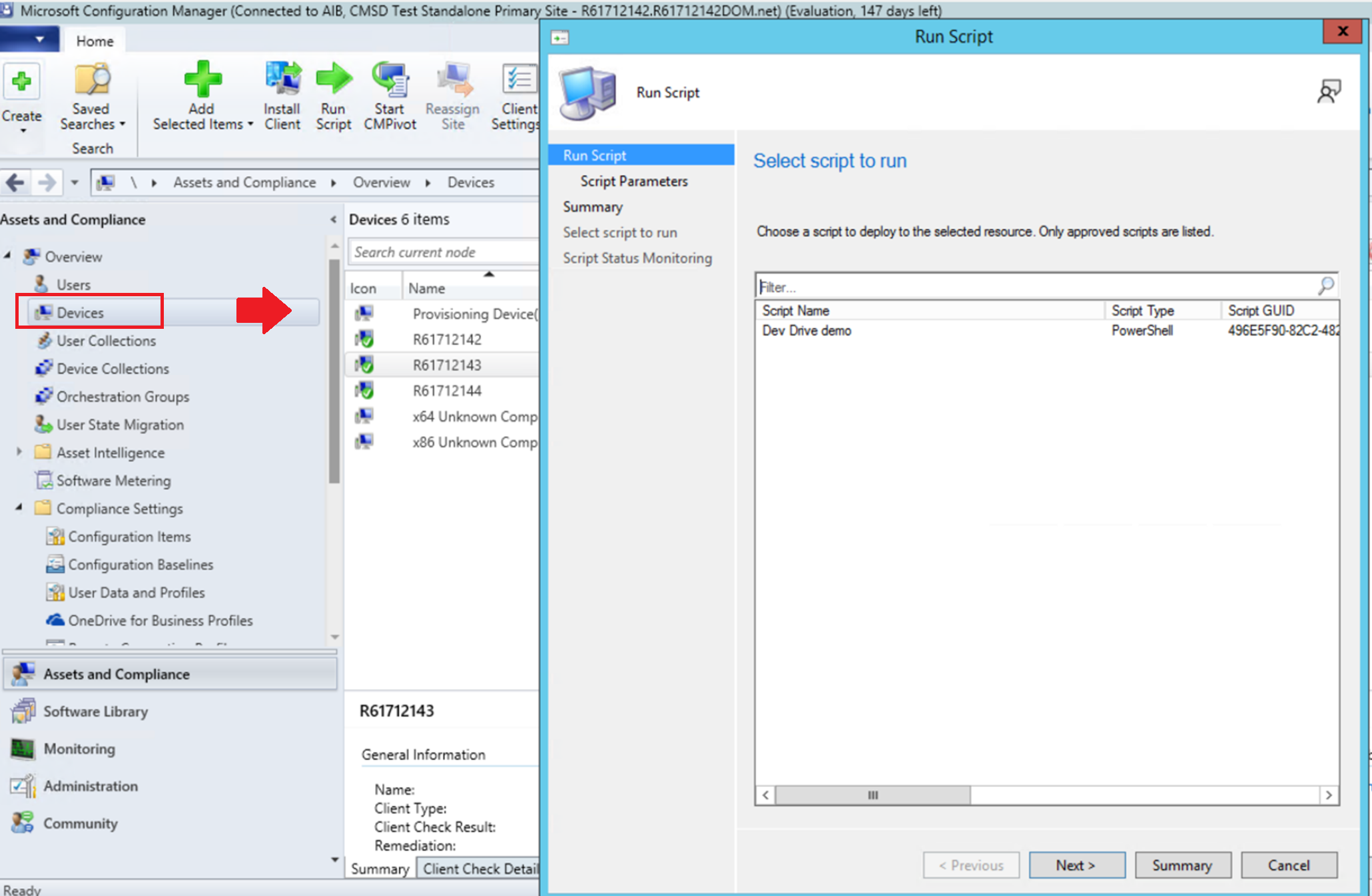 Captura de pantalla de la ventana Ejecutar script de Microsoft Configuration Manager en la que se muestra el script de demostración de Unidad de desarrollo