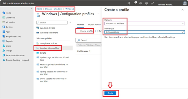 Captura de pantalla de perfiles de configuración de Windows del centro de administración de Microsoft Intune