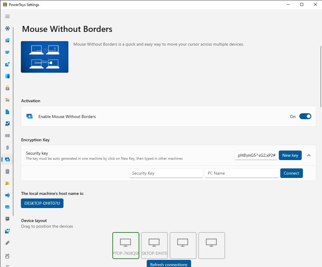 Captura de pantalla de la configuración en el segundo equipo después de Mouse Without Borders conectarse