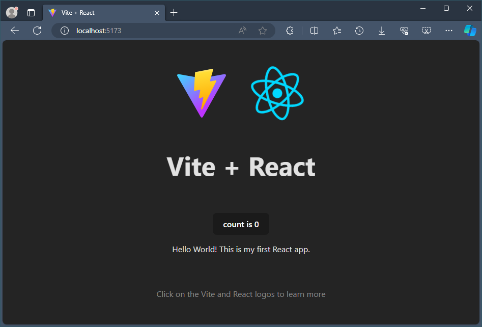 Captura de pantalla de la aplicación Hola mundo de React en el explorador