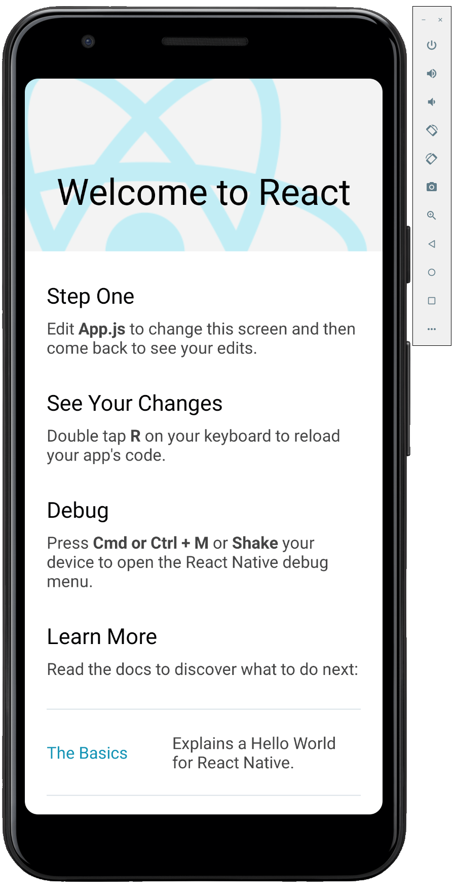 Captura de pantalla de la aplicación de React Native en ejecución en un emulador de Android