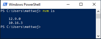 Lista de NVM que muestra las versiones de Node instaladas