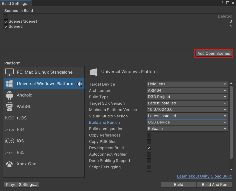 Captura de pantalla de la configuración de compilación de Unity