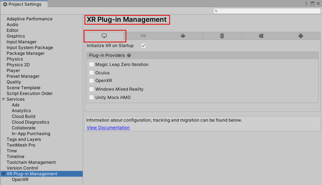 Captura de pantalla de la ventana Configuración del proyecto abierta en la página de administración de complementos XR y PC, pestaña Independiente de Mac y Linux.