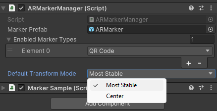 Campo Inspector de modo de transformación predeterminado del componente ARMarkerManager