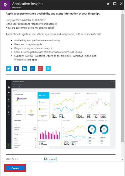 Captura de pantalla de la pantalla de Application Insights, Crear está resaltada.