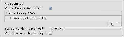 Captura de pantalla de la sección X R Settings (Configuración de X R), se activa Virtual Reality Supported (Compatible con realidad virtual).