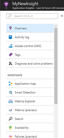 Captura de pantalla del panel MyNewInsight que muestra la lista de opciones. El Explorador de métricas aparece en la sección Investigar.