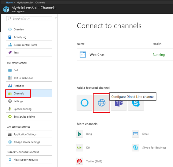 Captura de pantalla que muestra el canal Configurar Direct Line resaltado en MyHoloLensBot.