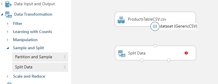 Captura de pantalla de la ventana Experimento, que muestra los elementos Partición y Muestra y Dividir datos en el menú con Dividir datos aplicados al lienzo.