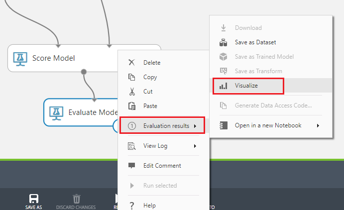 Captura de pantalla del menú contextual del elemento Evaluar modelo, que muestra los resultados de evaluación resaltados y Visualizar elementos de menú.