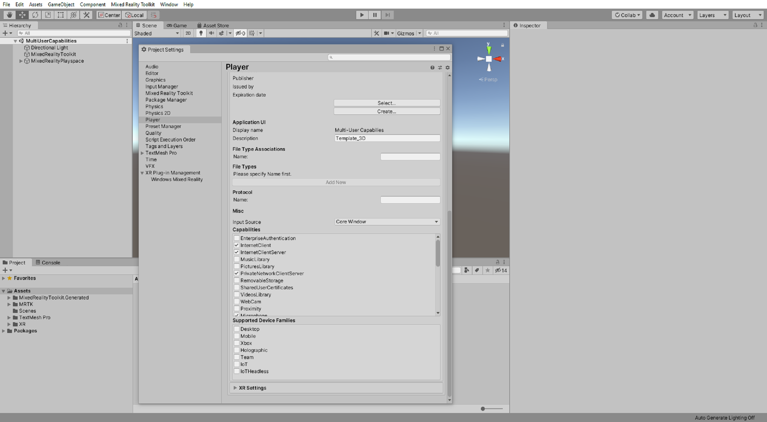 Capabilities Settings (Configuración de funcionalidades) de Unity