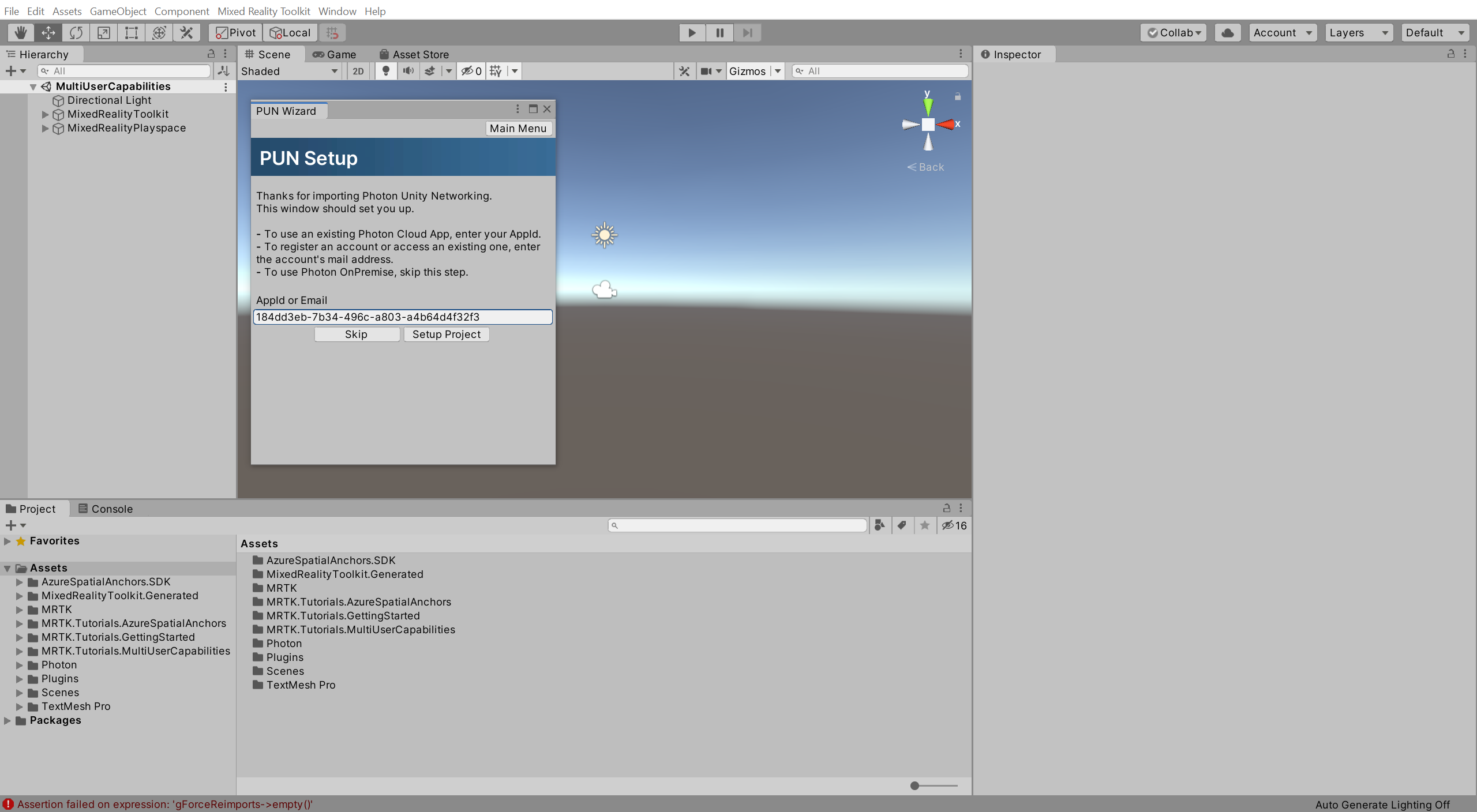 Ventana PUN Setup (Instalación de PUN) de Unity con AppId rellenado