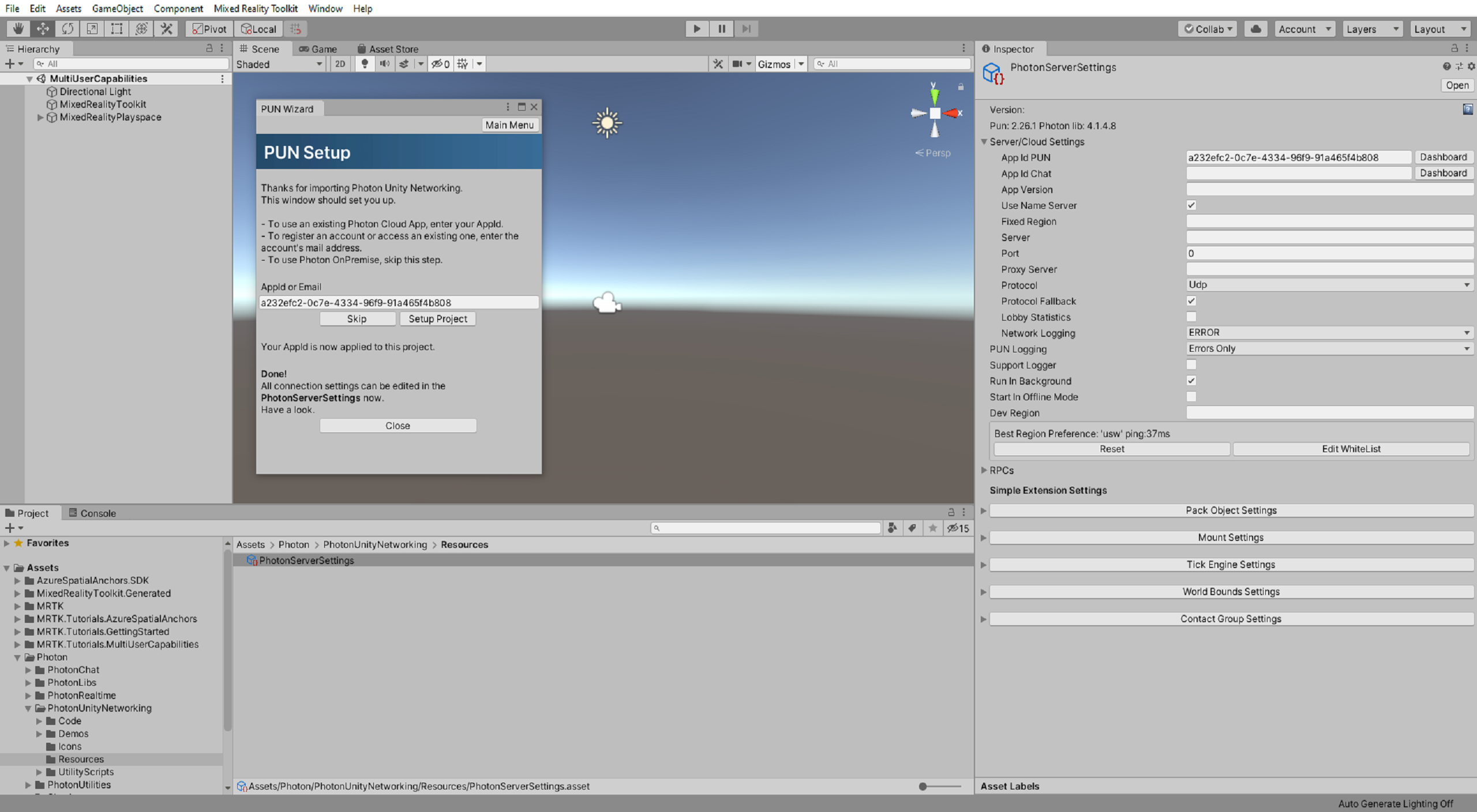 Ventana PUN Setup (Instalación de PUN) de Unity con el proyecto de instalación aplicado