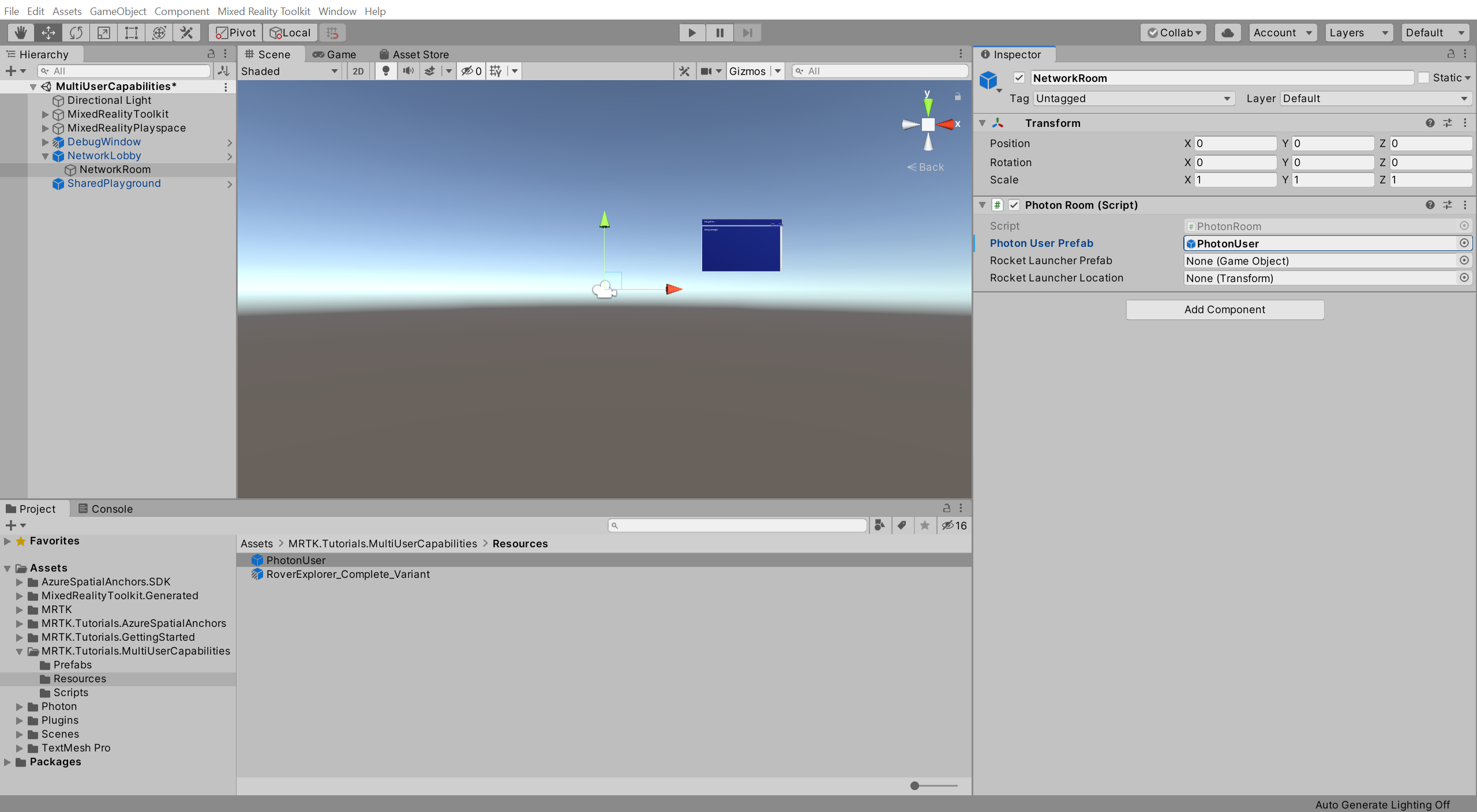 Unity con el componente de Photon Room (Sala de Photon) configurado parcialmente