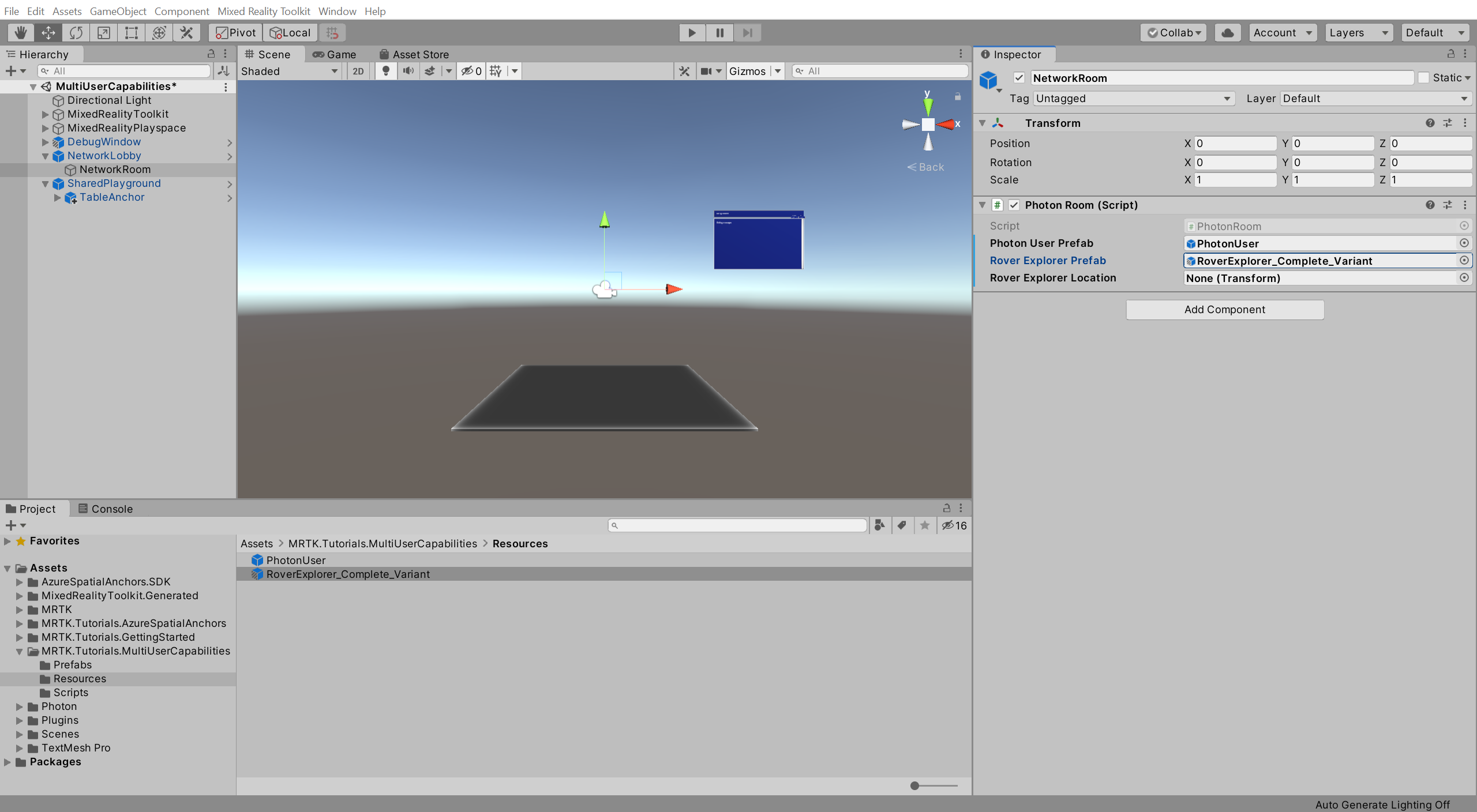 Unity con el componente de Photon Room (Sala de Photon) configurado parcialmente