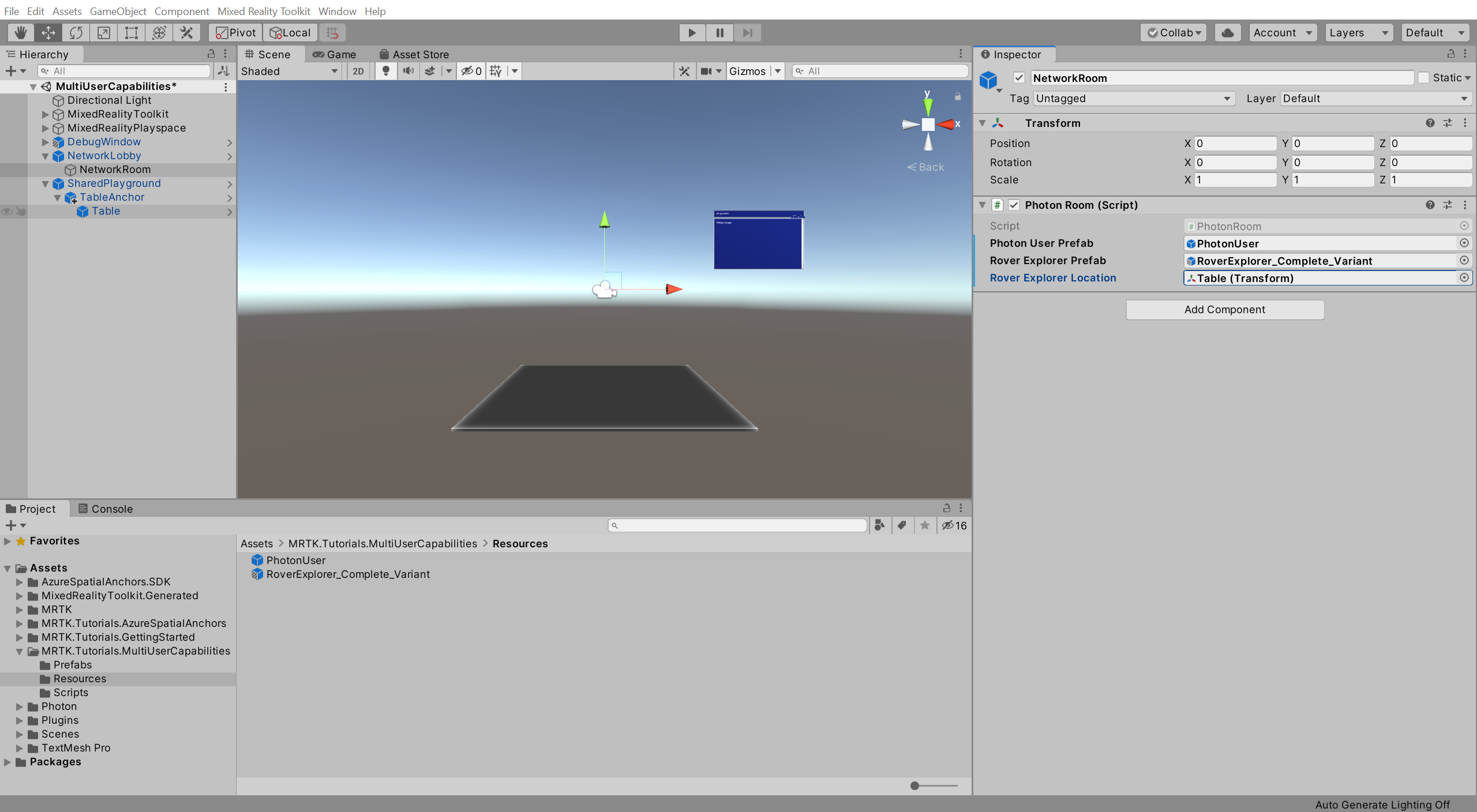 Unity con el componente de Photon Room (Sala de Photon) configurado