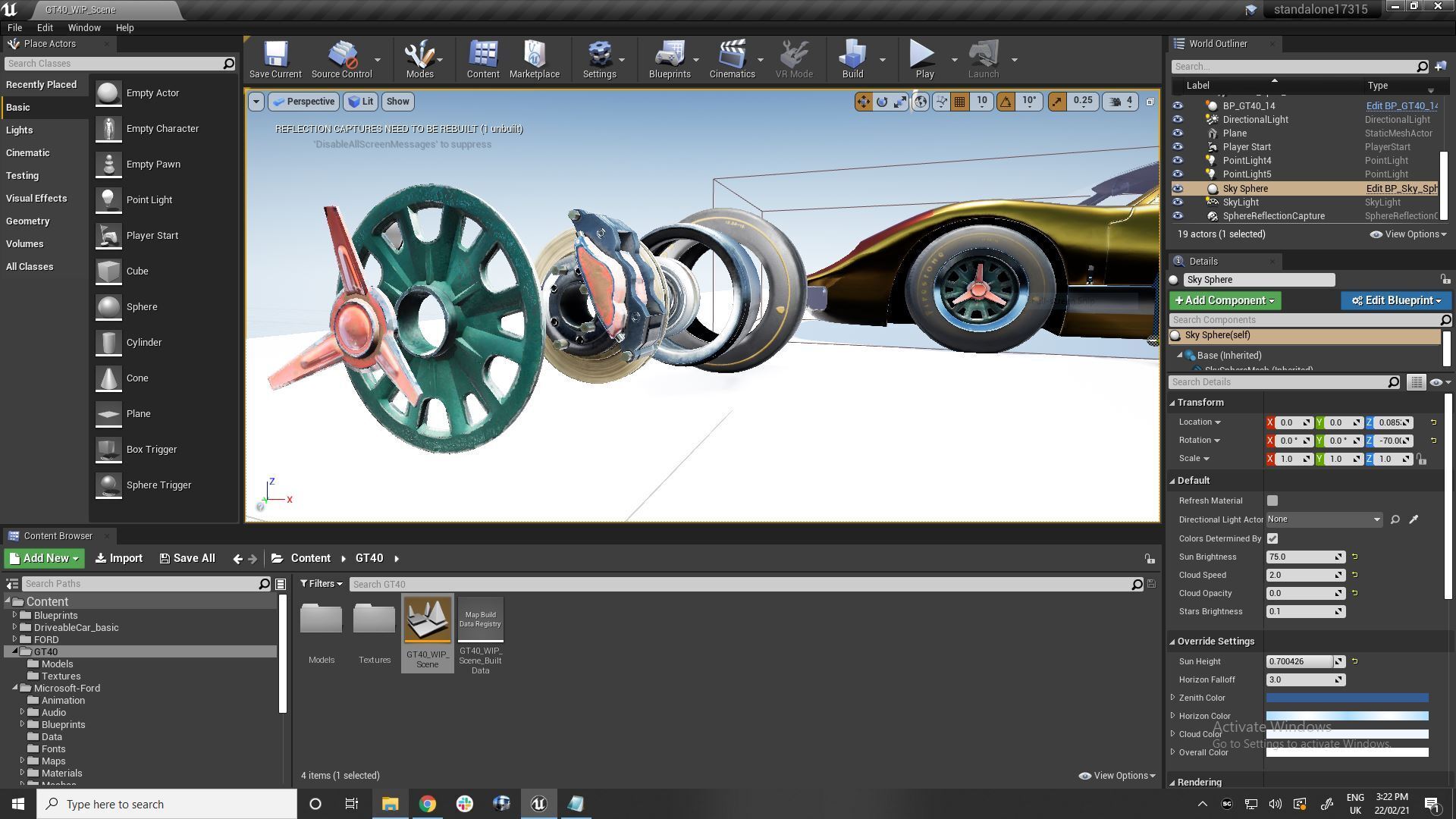 Aplicación Ford GT40 del editor unreal que se ejecuta con componentes de rueda dispuestos en secuencia