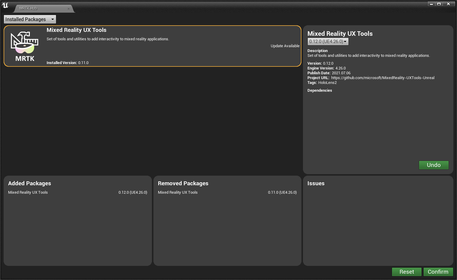 Actualización de un complemento mediante MRTK Hub