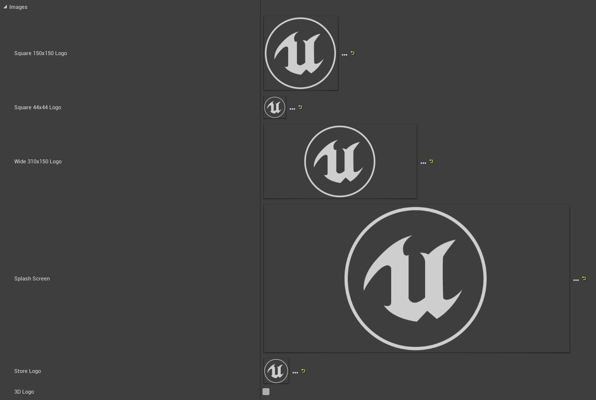 Captura de pantalla del editor de Unreal con la sección de imágenes expandida en la configuración del proyecto