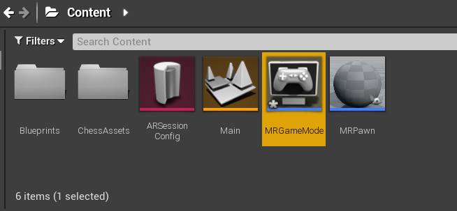 MRGameMode en el explorador de contenido
