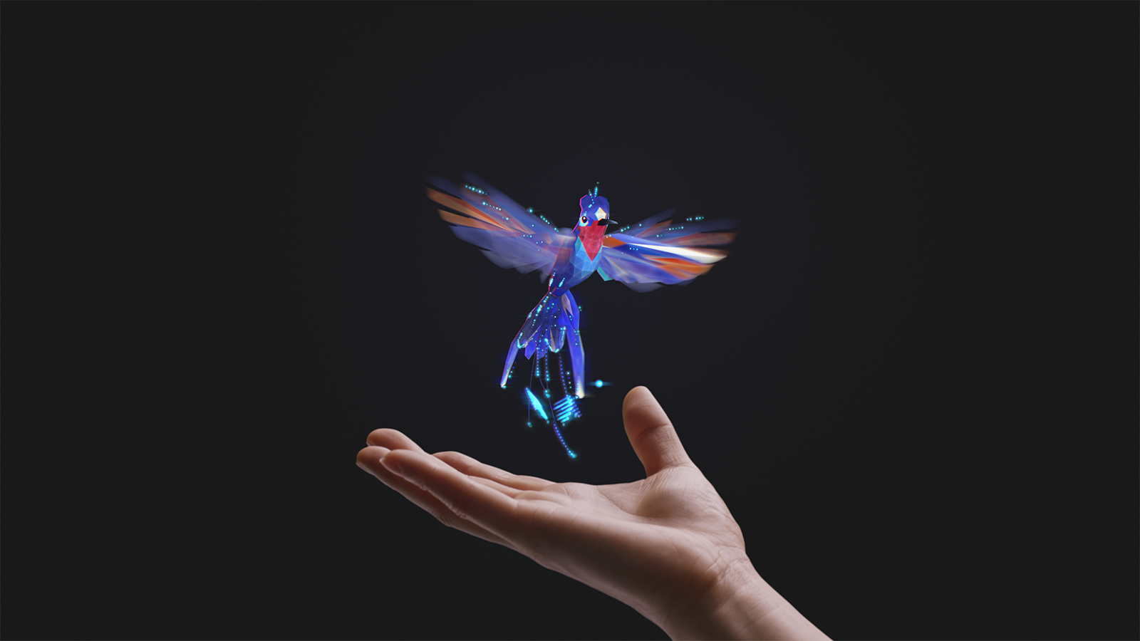 Colibrí virtual con mano humana