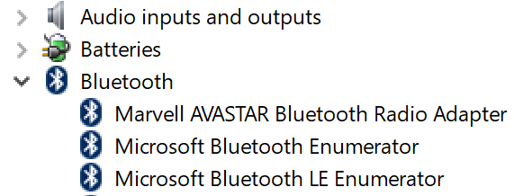 Captura de pantalla de un ejemplo Administrador de dispositivos. El adaptador es la radio Bluetooth.