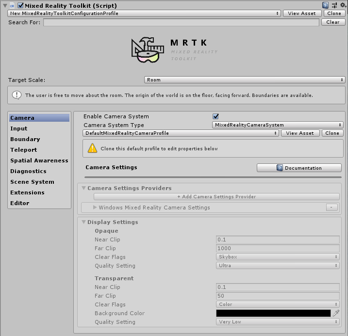 Escena de configuración de MRTK