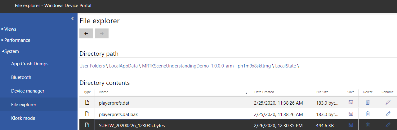 Ubicación de Device Portal del archivo de bytes