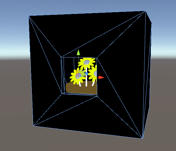 Al ver este modelo en el editor de Unity se mostrará una caja negra grande alrededor de la florería. En HoloLens, la caja desaparece, dando forma a un efecto de ventana mágica.