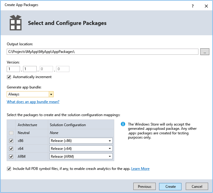 Ventana Crear paquetes de aplicaciones con la configuración del paquete que se muestra