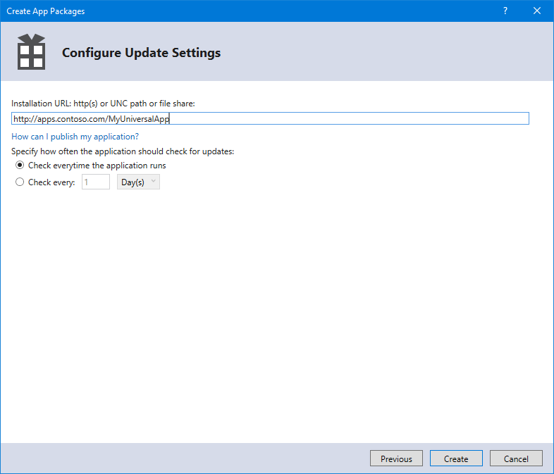 Ventana Configurar la configuración de configuración de actualización con la configuración de ubicación de publicación