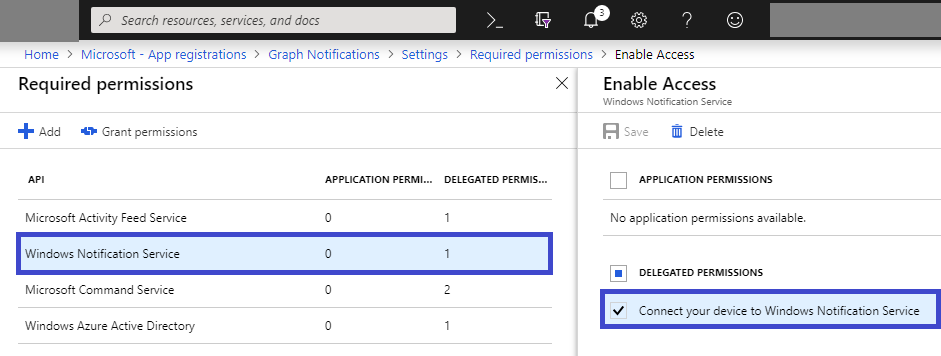 Permisos necesarios: servicios de notificaciones de inserción de Windows