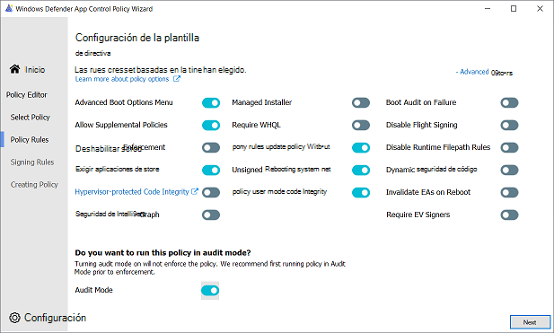 Configuración de las reglas de directiva.