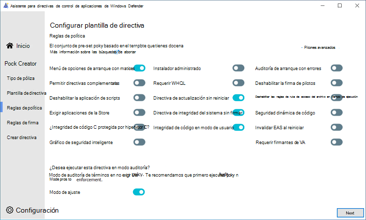 Interfaz de usuario de opciones de regla para el modo Permitido de Windows.